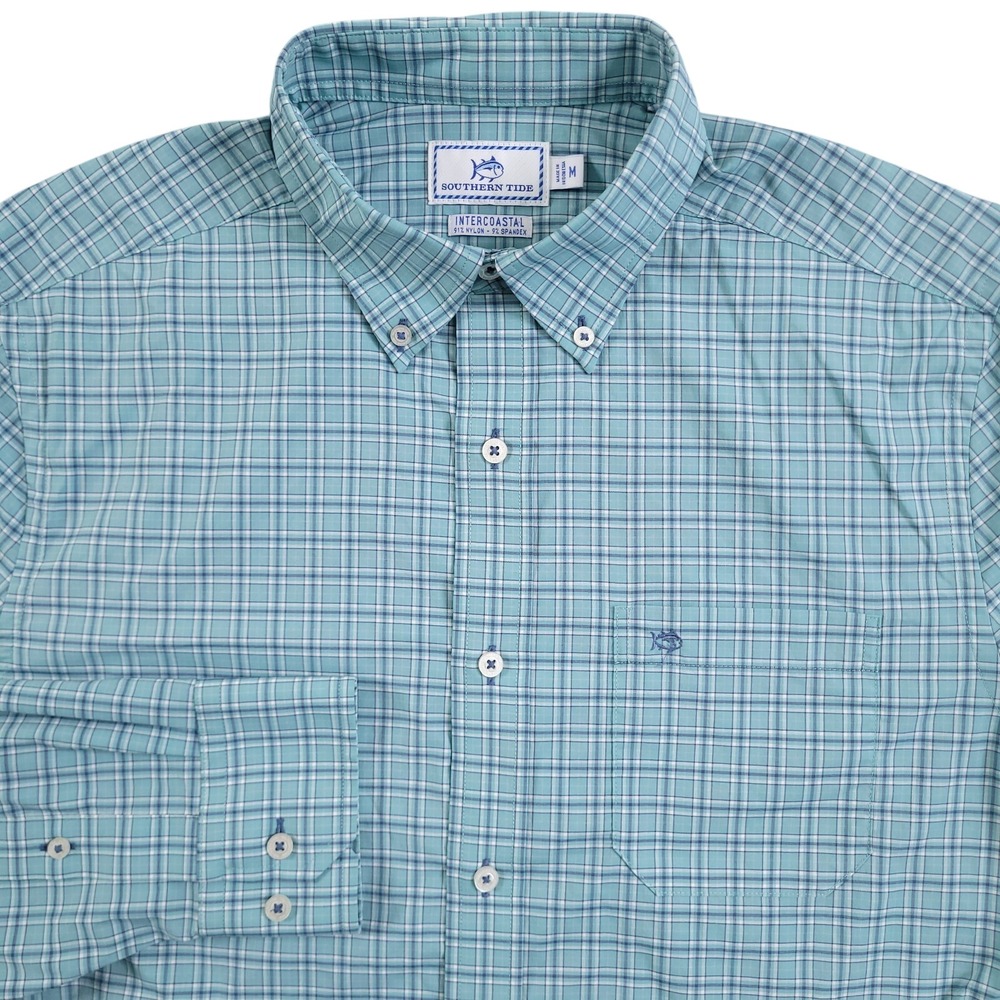 Southern Tide Shirt Mens M Blue Plaid Intercoastal Performance Tech Button Up